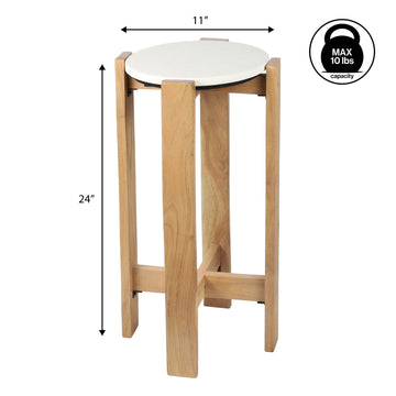 Elena 24" Minimalist Structured Wood Drink Table and Decorative End Table with White Marble Round Top